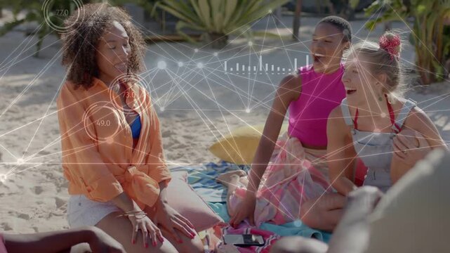 3 women on beach speaker glancing sharing story while HUD gauges tracking gestures for marketing