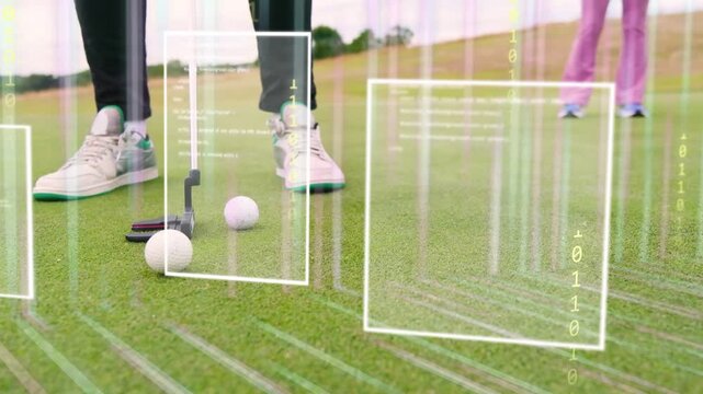 Golfer swinging putter, putting ball, golf AR overlays scanning alignment guiding ball to pin