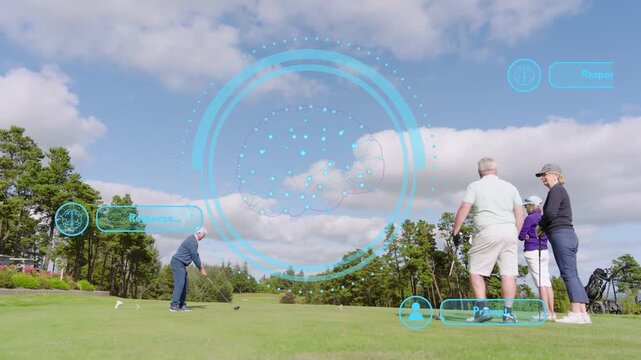 Mature man driving off golf tee, circular AR HUD tracking ball flight while players reacting