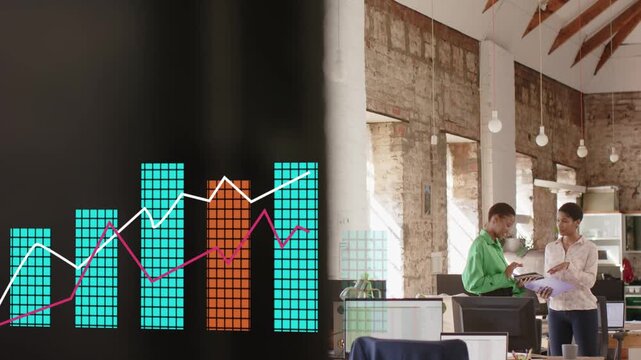 Two women tapping tablet and pointing to papers, initiating finance bar chart expanding into frame