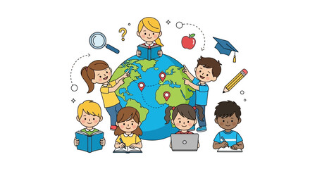 Diverse children learning around the globe with books, laptop, and school supplies.