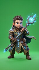 Fototapeta premium Stylized Wizard Character with Magical Staff on Green Background.