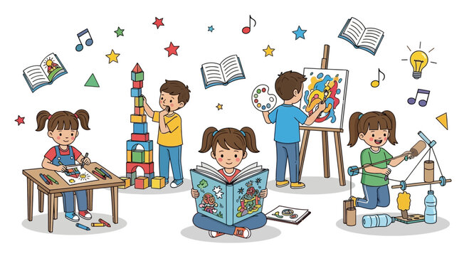 Children Engaging in Creative Activities: Art, Music, Reading, and Building