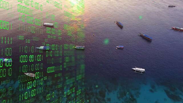 Green binary code activating sending particles across water while boats bobbing, showing ocean data