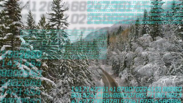 Grey digits arising above starting teal code panels sweeping over snow road and pines showing route