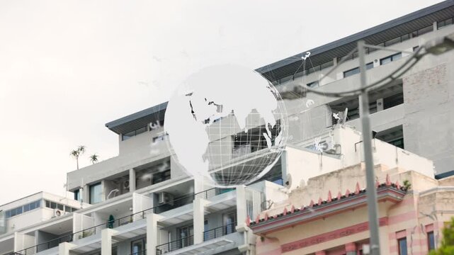 On play, globe fading, defining gridlines and rotating with orbiting symbols, showing global links