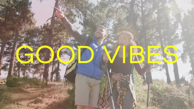 Travel couple hiking man pointing to vista starting glitch and GOOD VIBES title fixing gear moving