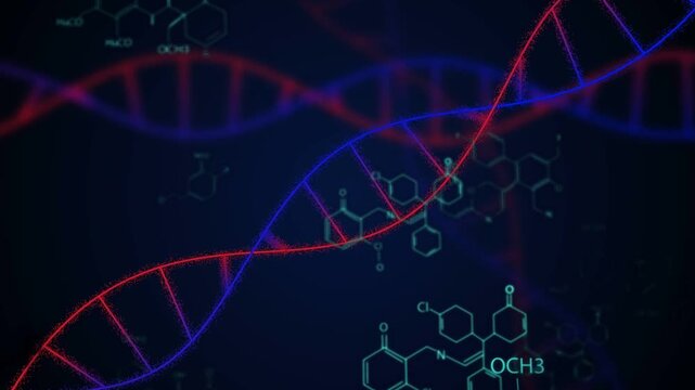 Camera panning, red and blue DNA helices weaving across frame, highlighting cyan chemical bonds