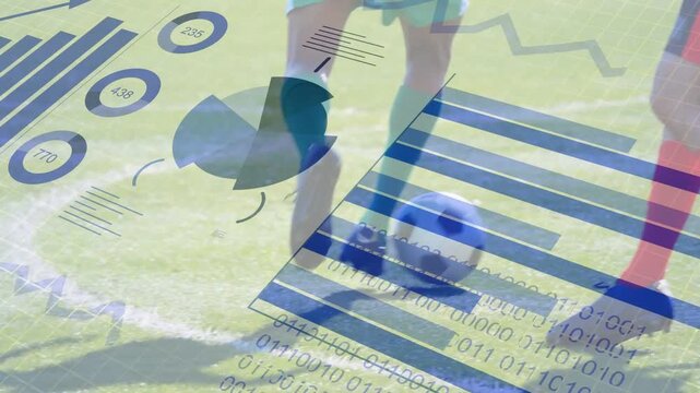 Teal-kit controlling ball, red-kit stepping, players contesting possession, sports data overlaying