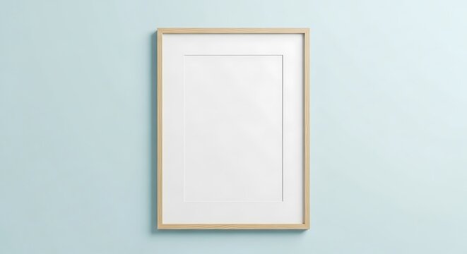Vertical wooden frame with white matting centered on a plain light blue pastel wall surface