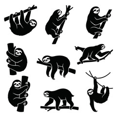 Fototapeta premium black and white vector silhouette set of sloth.