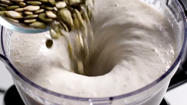4K top-down macro shot in the mixer with swirling plant based protein smoothie spins and handfuls of pumpkin and squash seeds drop from above emphasizes the vegan, post-workout energy drink, nutrition