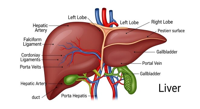 Liver anatomy with labeled parts.