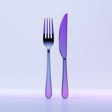 3D Silver Purple Fork Knife Cutlery Dining Restaurant Food