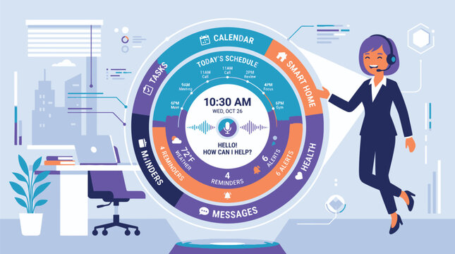 Businesswoman interacting with a colorful workflow management circular chart
