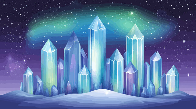 A watercolor painting showing crystalline structures under a starry night sky