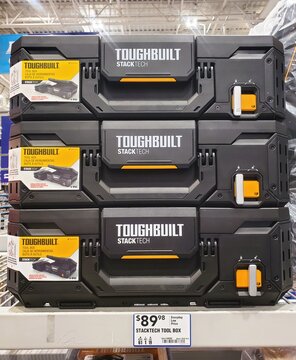 Delaware, U.S.A - April 26, 2026 - Stackable ToughBuilt StackTech tool boxes with IP65 protection and durable black and yellow construction.