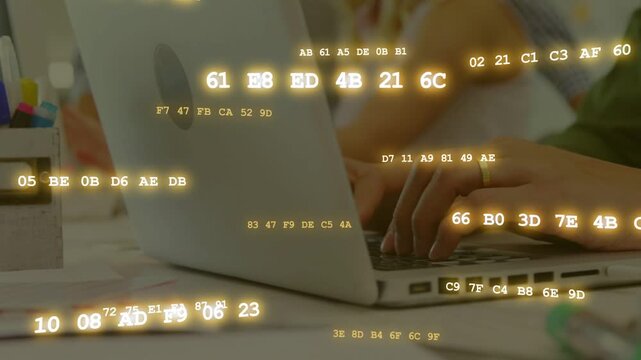 Camera shifting right showing hands, hands typing laptop code under hex overlay for tech work