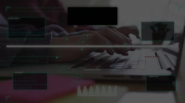 Female hands hovering then typing on laptop, starting tech boot HUD and loading kernel progressbar