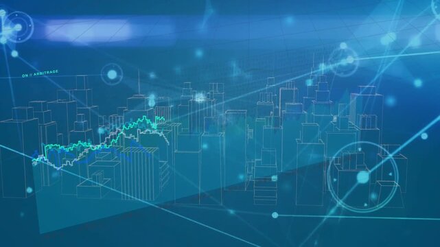 Holographic cityscape receiving data pulse, animating chart, pulsing nodes, tilting to show trends