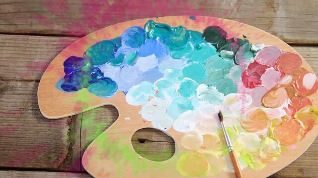 Wooden palette responding to neon sweep, paints blending and brush shifting to demonstrate mixing