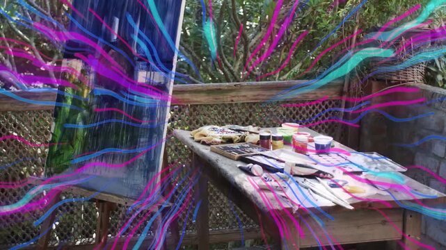 Overlay starting, vivid streaks sweeping outward revealing canvas and tools, camera tilting