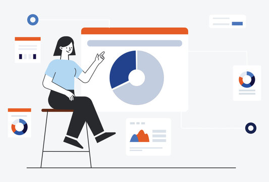 Woman sitting on a high stool while presenting a large circular pie chart on a digital dashboard interface.