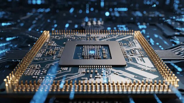 Futuristic AI Processor Chip Igniting Blue Data Streams in a Cinematic 4K Technology Close Up