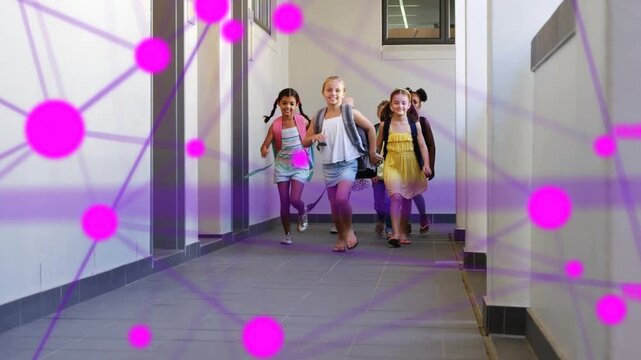 Students walking school hall, approaching camera causing magenta grid marking bags heading to class