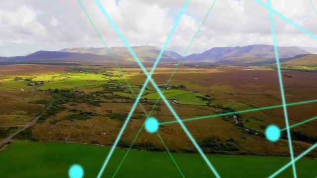 Opening frames showing pasture, cyan nodes appearing and drawing neon lines, mapping network