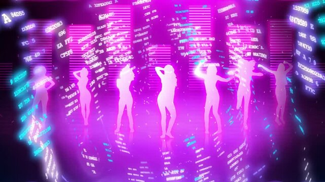Seven glowing magenta figures reacting to pulsing equalizer, dancing turning syncing with holograms