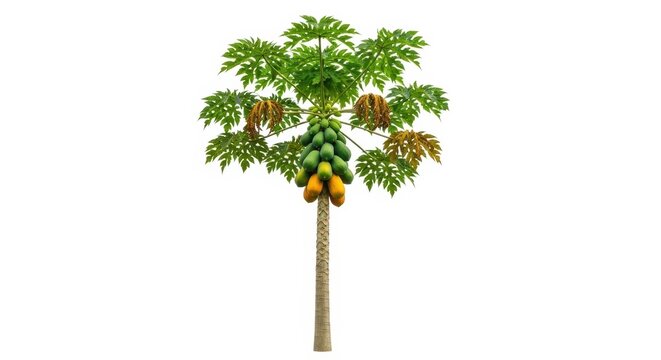 Tropical papaya tree with ripe and green fruits, exotic carica papaya plant isolated on white background, organic fruit tree for agriculture design