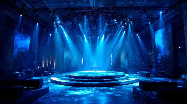 A deep blue stage with converging spotlights builds suspense and excitement before an extraordinary new product launch.