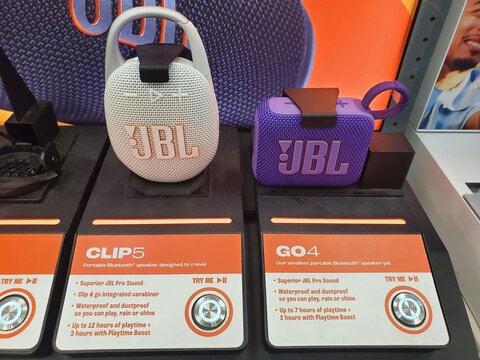 Delaware, U.S.A - April 26, 2026 - Compact JBL Clip 5 and Go 4 speakers designed for portability with waterproof construction and extended playtime.