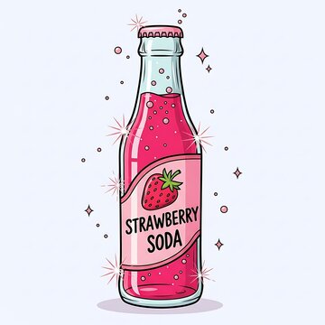 Strawberry soda bottle illustration with sparkles.
