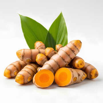 Fresh Turmeric Roots with Green Leaves on White Background.