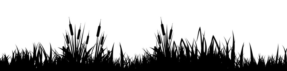 Fototapeta premium Meadow silhouette with grass, plants on plain. Panoramic summer lawn landscape with herbs, various weeds. Herbal border, frame element. Black horizontal banners. Vector illustration