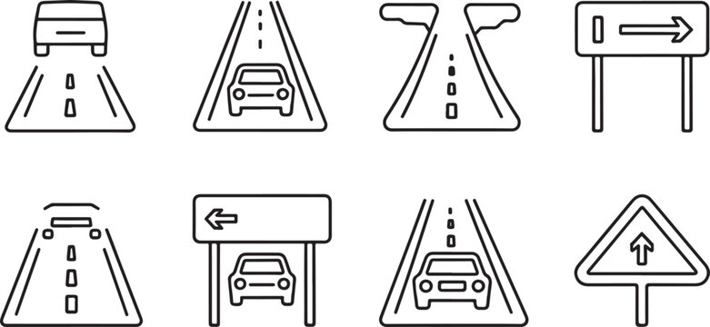 Collection of diverse line art vector icons depicting various road scenes, driving perspectives, and traffic signs for navigation and transportation concepts