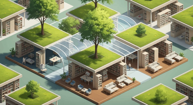 Isometric 2.5D render of a futuristic public library complex, showcasing sustainable urban architecture with interconnected modular buildings and lush green roofs
