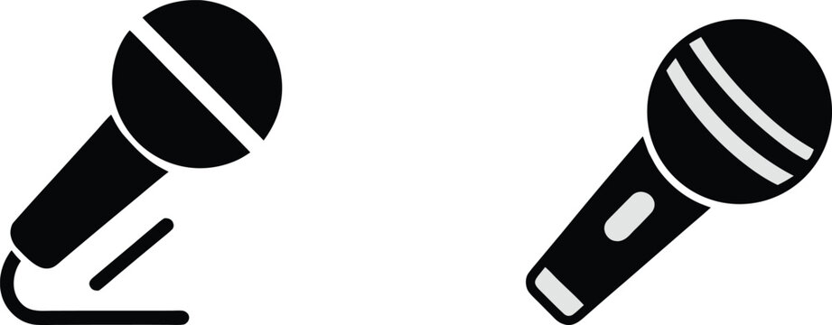 Microphone icons for recording and live performance showing audio equipment for podcasting and music broadcast in vector.