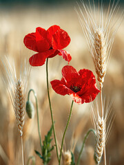 Fototapeta premium : Red Poppy Flower with Wheat Ears in Golden Field. AI generative.
