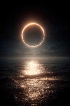 Space universe exploration, fantasy, mysterious. A digital artwork depicts a celestial scene at night. A radiant, glowing ring of light illuminates the horizon, casting a warm.