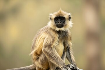 Fototapeta premium Gray langur monkey sitting calmly and looking at camera in nature