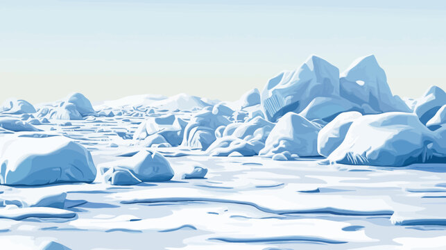 A serene illustration of an icy landscape, featuring glaciers and frozen terrain under a pale sky