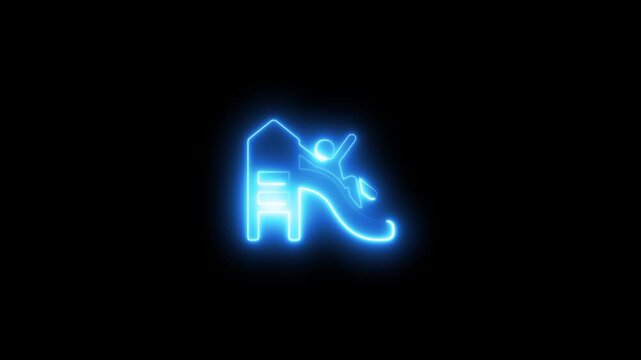 Glowing blue neon horse head on black background with house and bars symbol