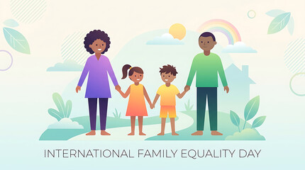 Fototapeta premium An illustration for International Family Equality Day features two parents and two children holding hands with a rainbow and house.