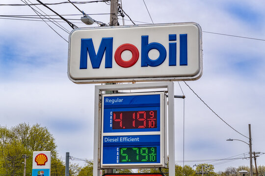Canton, MA, US-April 25, 2026: Sign at a gas station  reading $4.19 per gallon. Recently gas prices at the pump have climbed to over $4.00 due to the Iran war and the closing of the Straits of Hormuz.