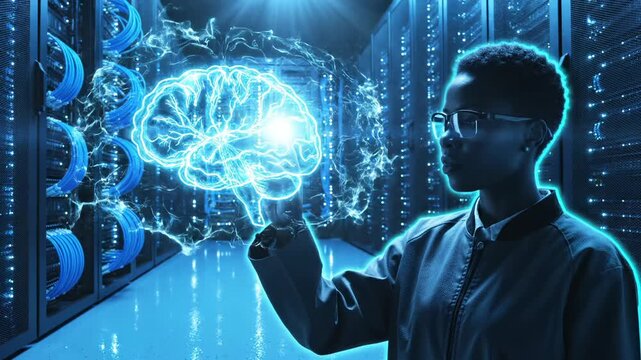 Man interacts with holographic brain in server room datacenter. Digital artificial intelligence technology. Man points at glowing brain hologram. Server AI tech. Brain interface innovation.