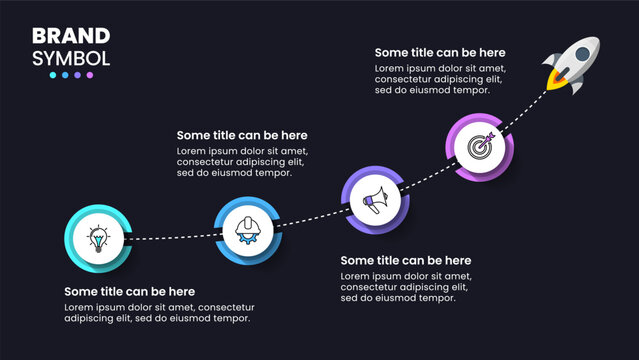 Infographic template. Rocket with 4 steps and in dark style