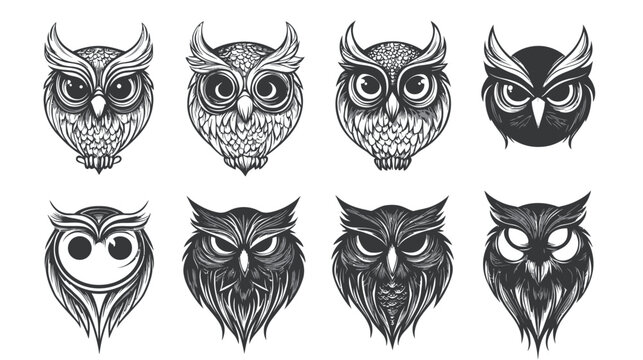 Eight stylized owl illustrations in various grayscale designs, depicting different expressions